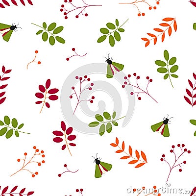 Flat vector. . Seamless pattern: leaves, berries and insects on a white background Vector Illustration